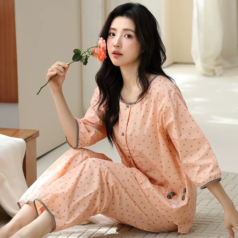 New Cloud Cotton Pajamas for Women Summer Three-Quarter Sleeve Suit Trousers with Chest Pad Pure Cotton Home Clothes Spring and Autumn Ready Stock