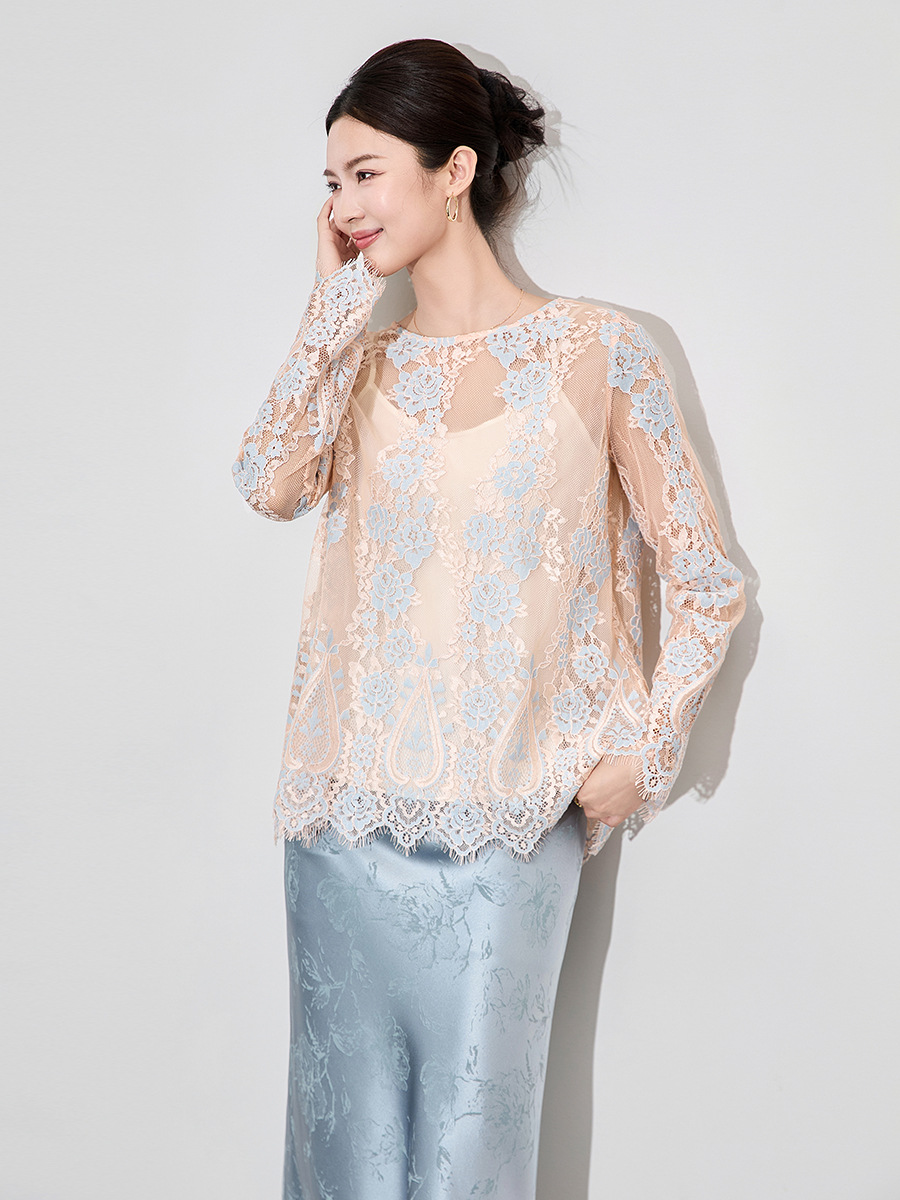 Áo sơ mi ren jacquard phong cách Pháp thanh lịch tay dài — Màu hồng