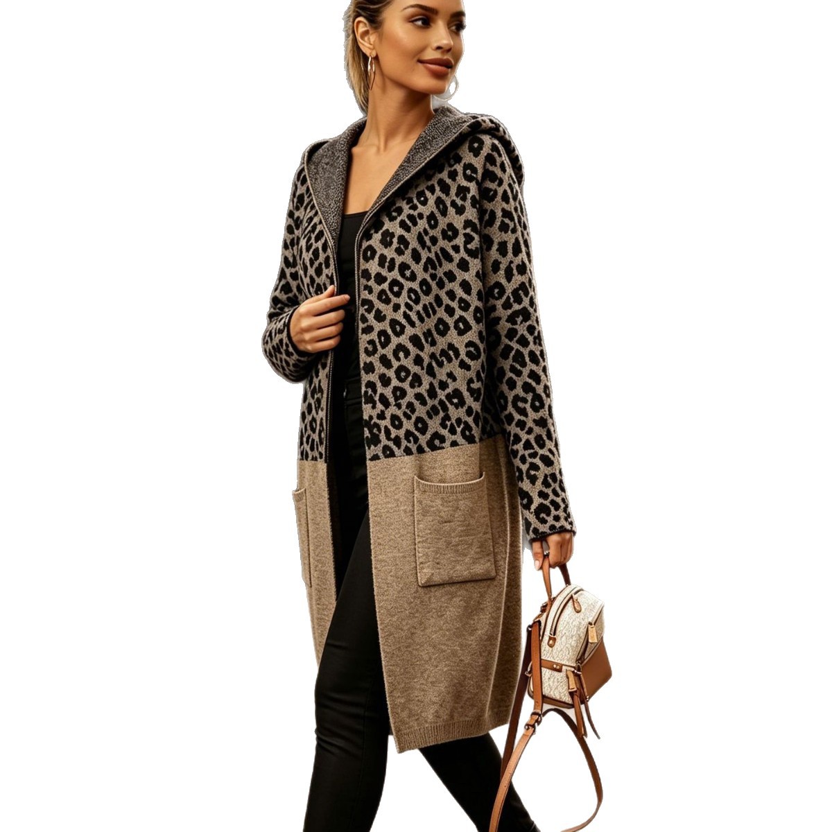 Foreign trade women's sweater cardigan leopard print personalized mid-length top trendy loose letter splicing hooded knitted jacket