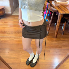 摩卡色拼花翻边抽绳mini西装裙裤女25早秋正确版低腰A字半身短裙