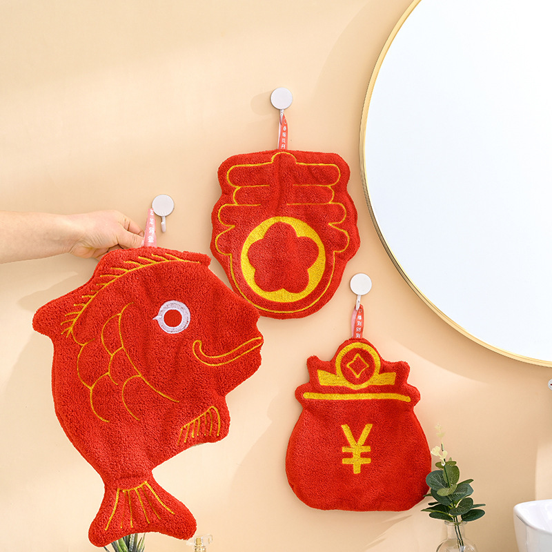 New Year Red Fu Word Hand Wipe Hanging Super Absorbent Thickened Quick-drying Coral Fleece Spring Festival Hand Wipe Small Towel