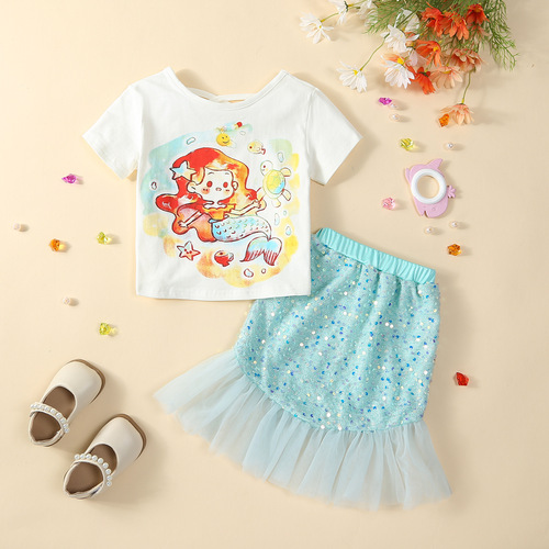 Girls' Summer Costume Cartoon Mermaid T-Shirt with Glitter Fish Tail Skirt Princess Dress Two-Piece Set Foreign Trade Children's Clothing