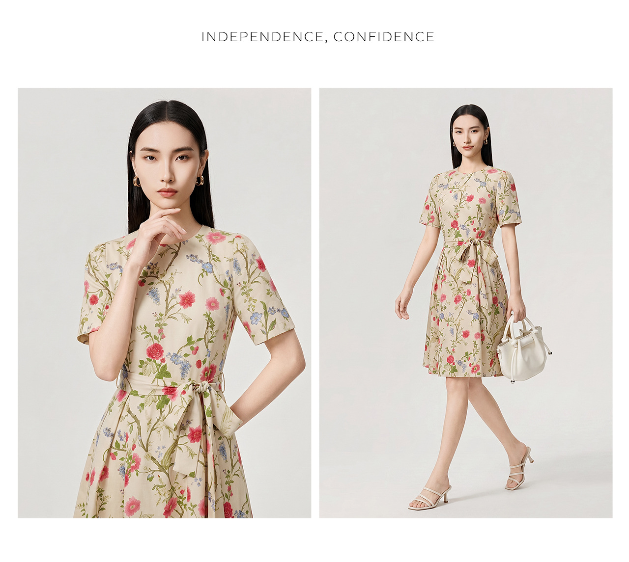 Đầm in họa tiết tay ngắn thiết kế thắt lưng eo — màu đen chi tiết 13