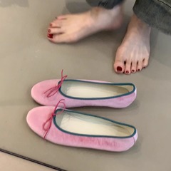 现货版~温柔仙女粉芭蕾单鞋女丝绒蝴蝶结圆头浅口软底平底奶奶鞋