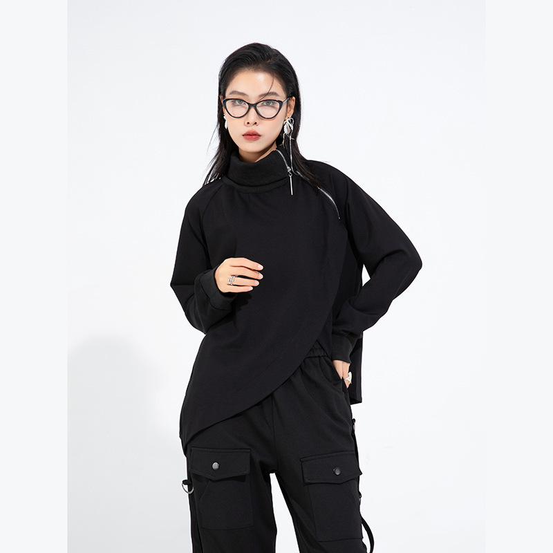Yamamoto Dark Style Loose High-Neck Side Zipper T-Shirt Base Shirt Women's Long-Sleeved Spring & Fall Asymmetrical Loose Top Yamamoto Dark Style Loose High-Neck Side Zipper T-Shirt Base Shirt Women's Long-Sleeved Spring & Fall Asymmetrical Loose Top