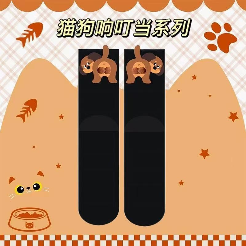 【现货】白色卡通猫咪叮叮当蛋蛋袜子女夏季ins棉可爱搞怪中筒袜|undefined
