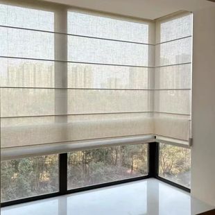 ✅ Electric Roman Blinds with Honeycomb Curtain, Linen Sheer Curtain, Full Blackout for Day and Night, Living Room Balcony, No Drilling Required