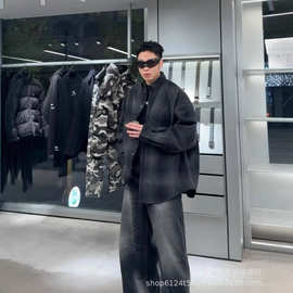高版本B家25新款黑胶字母印花格子毛呢衬衫宽松百搭男女同款长袖