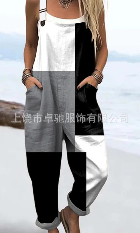 （日字扣）跨境女装亚马逊欧美夏季数码3D印花扣子背带休闲吊带裤|undefined