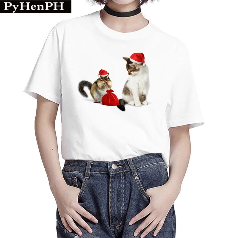 New Cute 3d Cat Christmas Short-sleeved T-shirt for Men and Women Students White Loose Inner Base T-shirt
