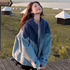灰蓝色撞色连帽毛呢外套女2025秋冬新款小个子呢大衣流行韩系设计