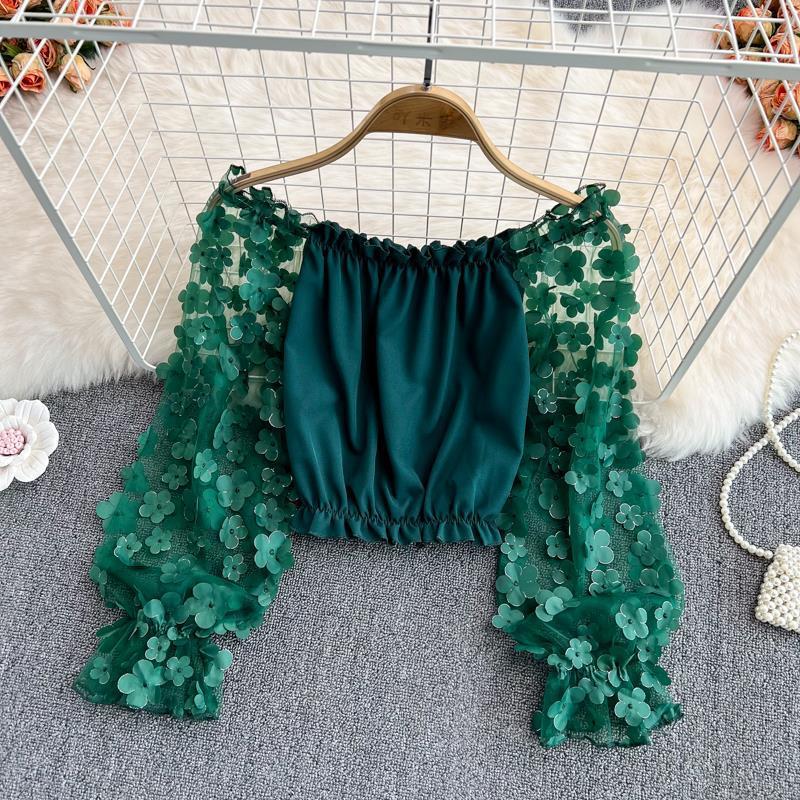 One-Shoulder Three-Dimensional Flower See-Through Mesh Splicing Chiffon Shirt for Women Loose Waist Fashionable Short Off-Shoulder Top Summer