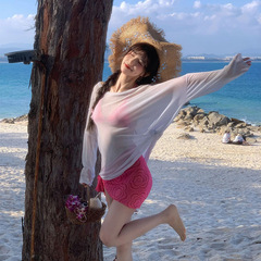 白色微透長袖防曬小衫女韓版夏季薄款辣妹海邊空調罩衫外搭上衣