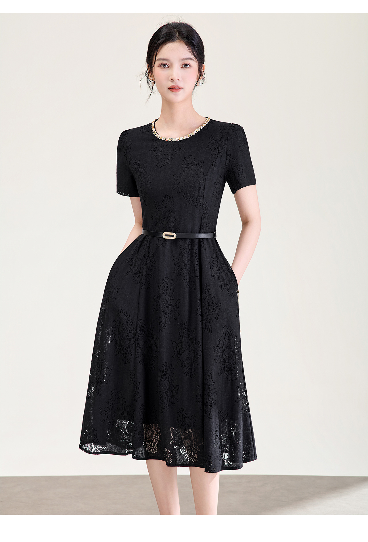 Đầm suông nữ midi thắt eo ren đính đá jacquard chữ A — màu đen chi tiết 14