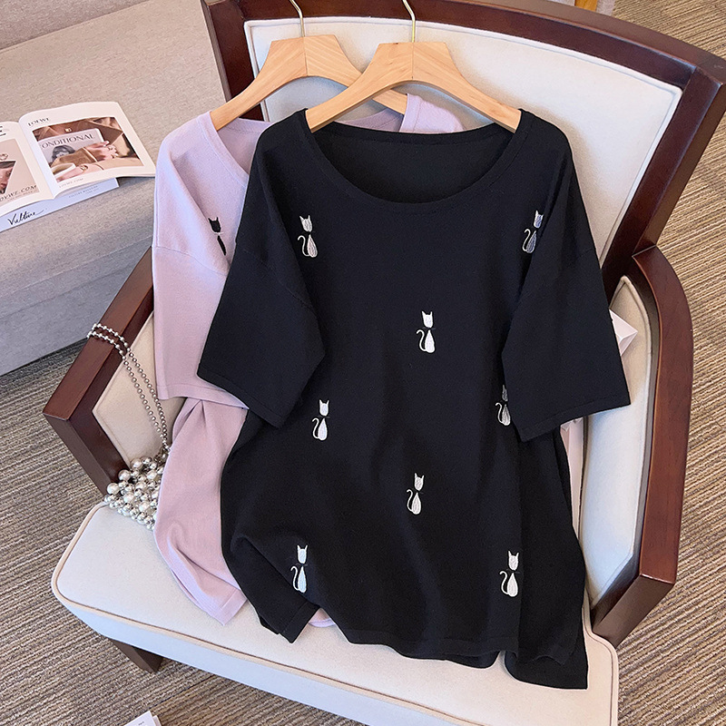 Plus-Size Women's Summer Clothing, Ice Silk Knit Top, Slimming for Chubby Girls, Short-Sleeve T-Shirt 8188