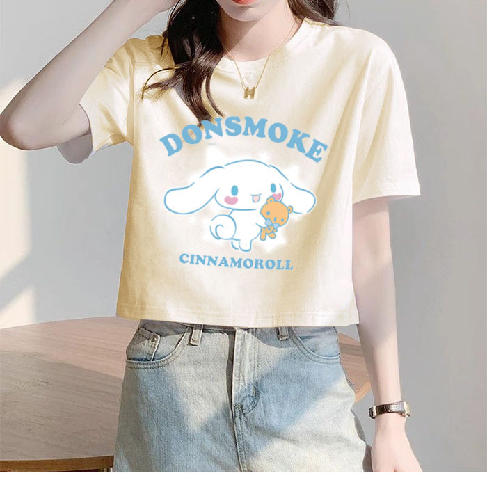 Pure CoTTon SweeT LeTTer Cinnamon Dog PrinT CuTe ShorT-sleeved Summer New T-shirT Women's Navel-baring ShorT Round Neck Loose