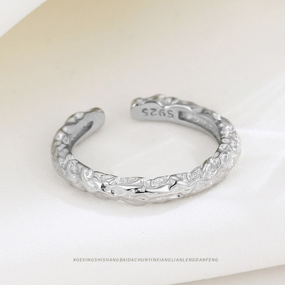 ins temperament Jewelry s925 Sterling Silver Lava Skin texture Irregular Opening Ring Korean personality Ring
