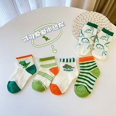 Summer and Autumn New Children's Socks Cute Cartoon Dinosaur Mid-Calf Mesh Student Socks Green Striped Breathable Kids Socks