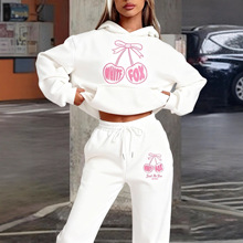 跨境外贸卫衣卫裤套装白狐字母印花潮流女装长裤上衣抓绒两件套女