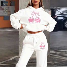 跨境外贸卫衣卫裤套装白狐字母印花潮流女装长裤上衣抓绒两件套女