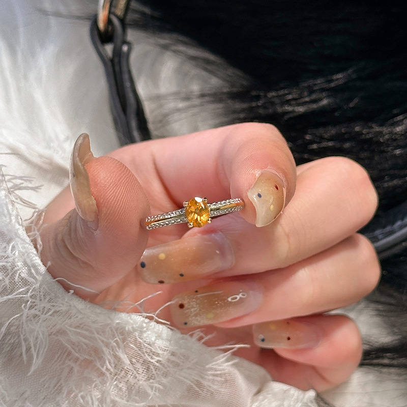Piedra Fanta amarilla natural s925 con incrustaciones de plata esterlina anillo simple personalidad femenina tendencia estilo ins atmósfera de moda