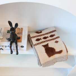 猫咪和鱼~卡其色可爱提花毛线围巾女秋冬季保暖百搭氛围感围脖潮