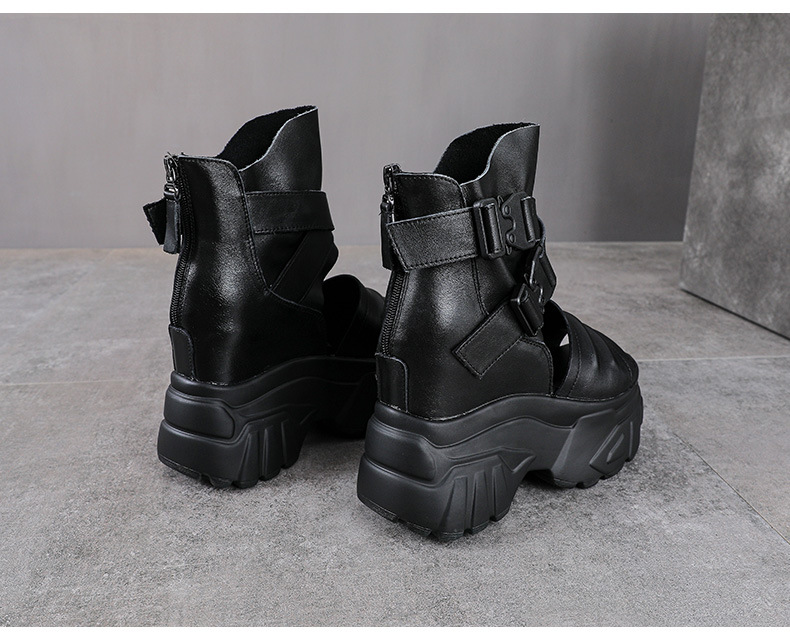Sandal cao gót nữ da bò thật đế xuồng hở mũi phong cách La Mã — màu đen chi tiết 12