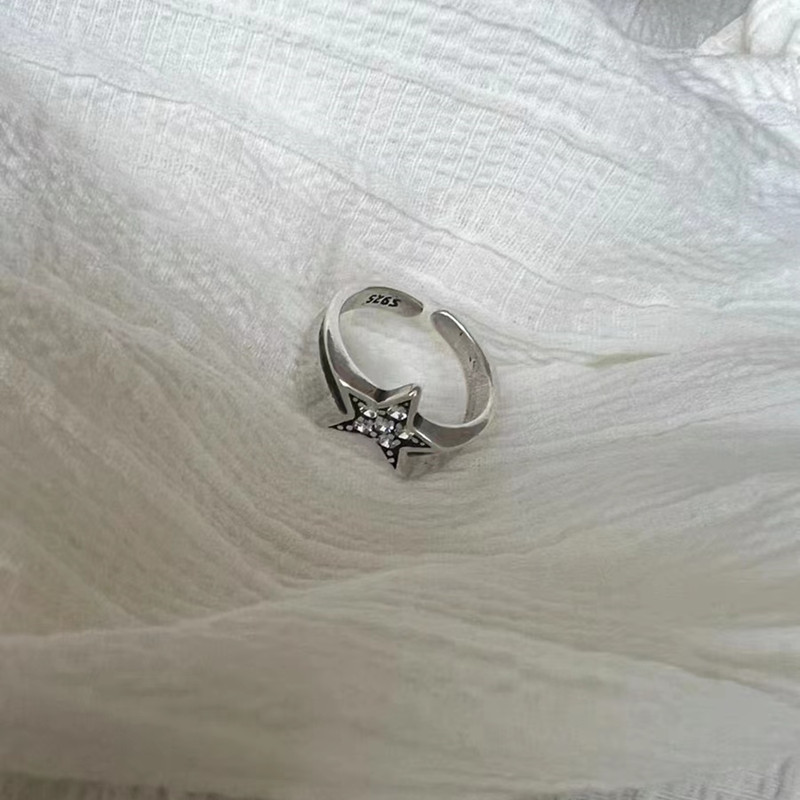 Bague Ouverte Géométrique Pentagramme Réglable En Alliage Argent_voghion.com
