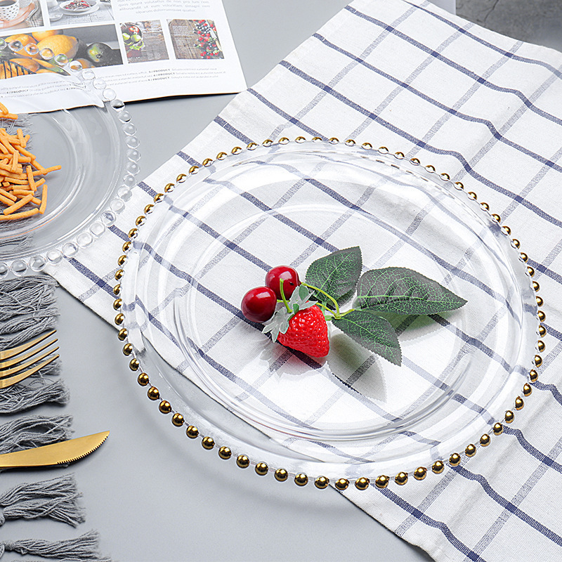Placa de cuentas redondas de estilo europeo creativo borde dorado Placa de perlas de vidrio transparente Placa de fruta de hotel Placa de carne occidental