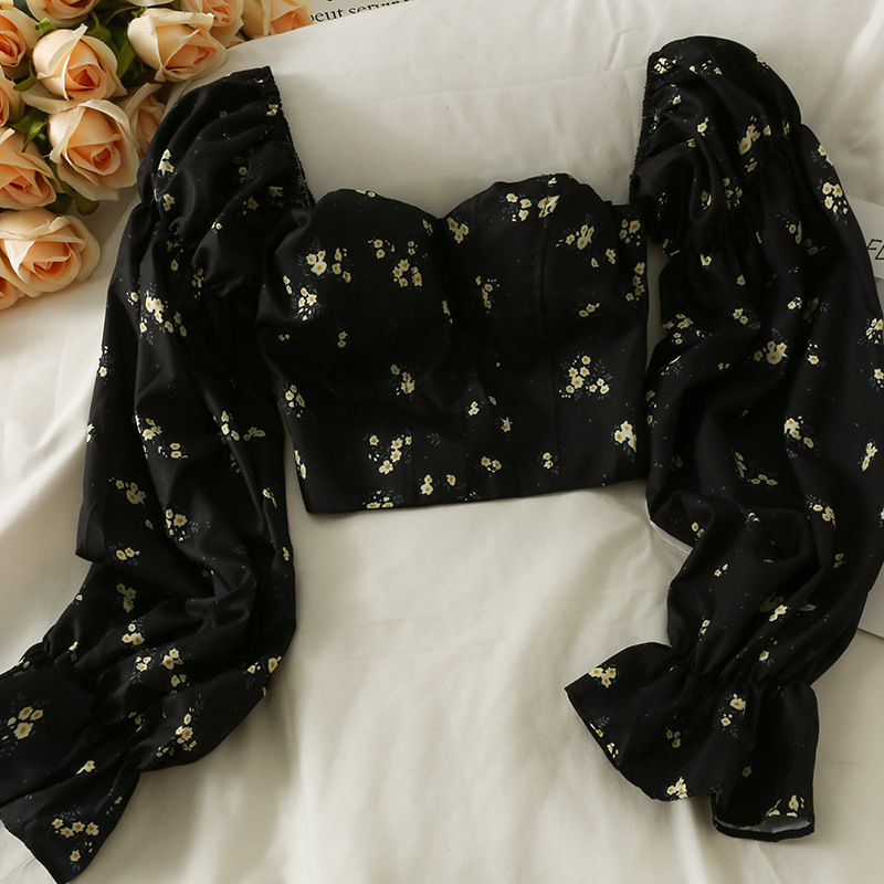 Floral Print Off-Shoulder Top Women's French Style Sweet Flared Unique Fit Collarbone Length Fitted Sleeves_ecoleips.com