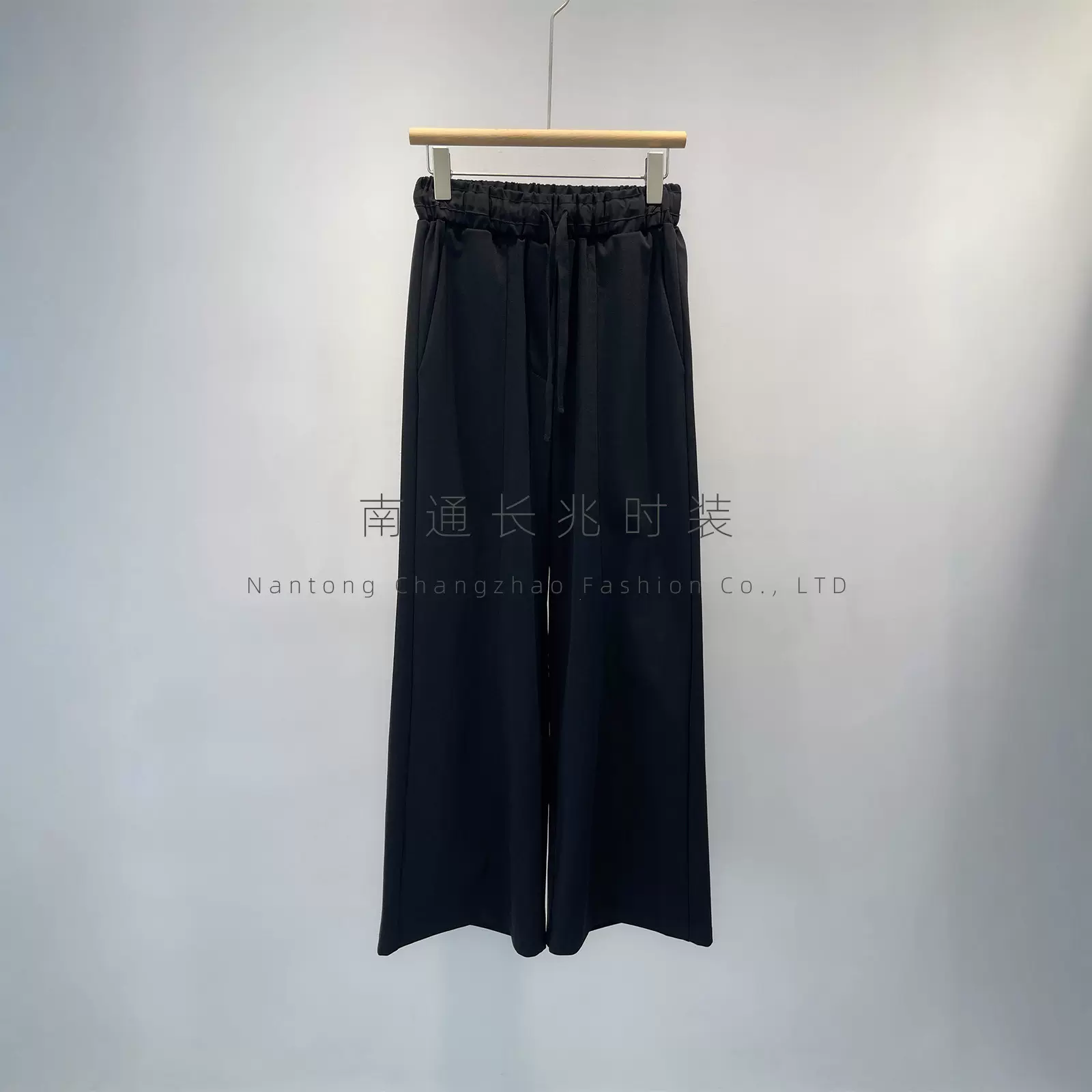 懒人阔腿裤~M家松紧高腰黑色直筒及地长裤女早秋小个子丝滑免烫