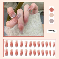 純欲顯白夏季美拉德長款美甲穿戴甲片腮紅甲美甲灰藍漸變指甲貼片