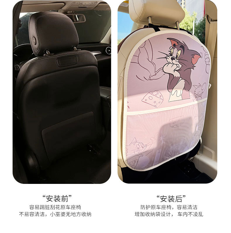 Cat and Mouse Cartoon Car Seat Back Anti-Kick Pad Car Seat Back Anti-Dirt Pad with Storage Bag