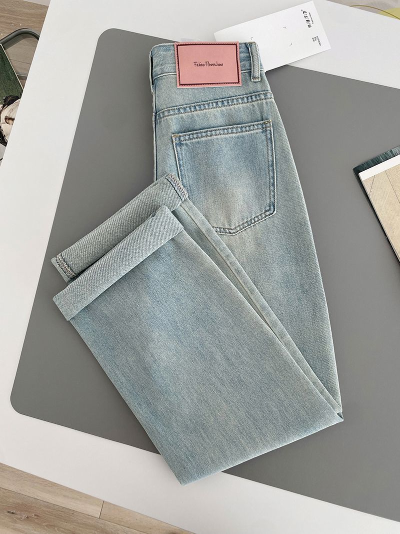 New pink leather brand jeans for women, summer and autumn, high-waisted, petite, loose and versatile, wide-leg casual straight floor-length pants pic 19
