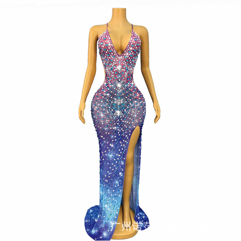 Unique Stylish Brilliant Star Sea Gradient Rhinestone Sling V Neck Backless Long Dress Prom Catwalk Club Evening Dress