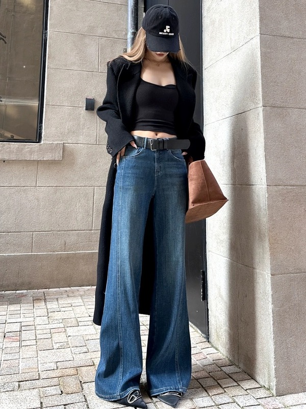 梵思羽跨境高品质阔腿微喇牛仔裤女2025新款宽松弹力马蹄喇叭裤|undefined