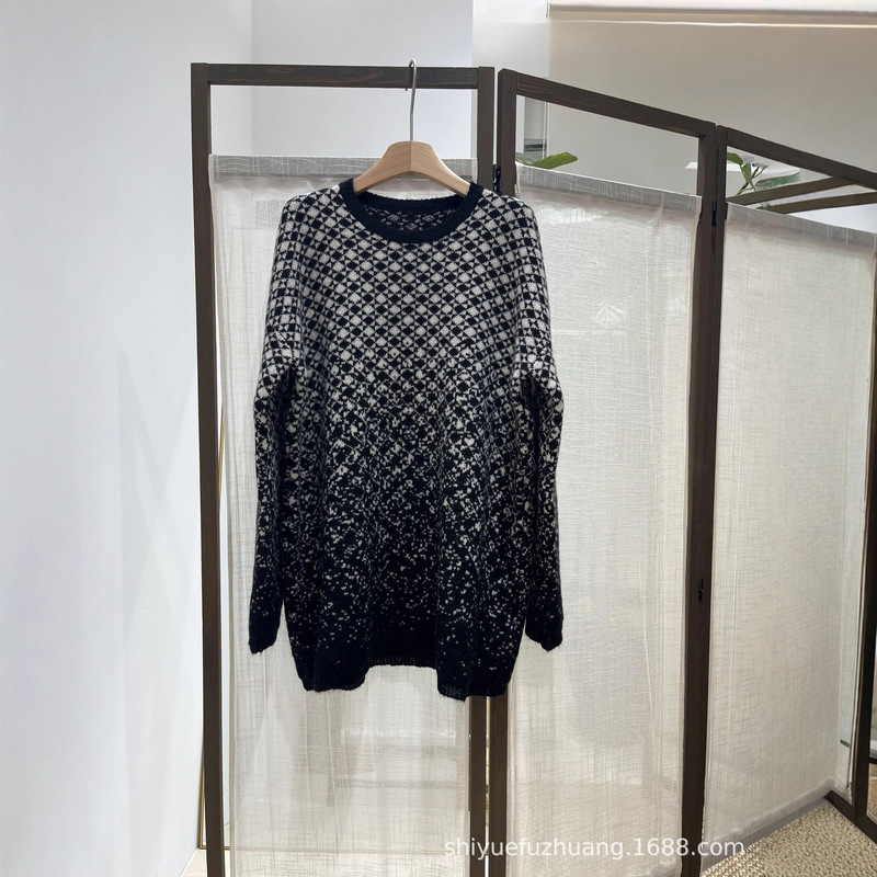 Niche Design M*6 Margiela Wool Mohair Blend Gradient Plaid Round Neck Loose Large Sweater