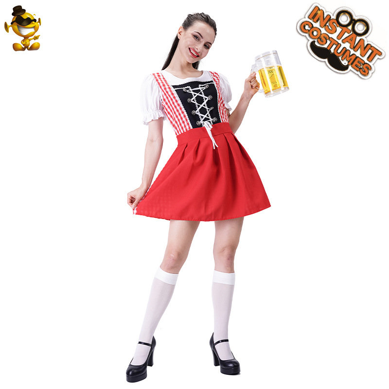 Rojo Plaid cerveza vestido de las mujeres carnaval maquillaje danza vestido Festival fiesta Cosplay traje