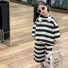 2024 Spring Kids' Fashion Korean Style Girl's Striped Shortsighted Wide Leg Casual Sweatshirt and Leggings Long Sleeve Set Sports Set