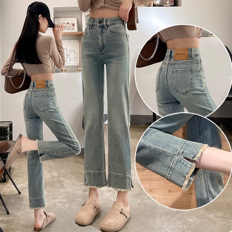 Fringed Straight Pants Women's Short Denim Cropped Pants Spring High Waist Soft Fabric Slim-fit Narrow Split Pants