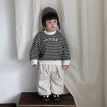 宝宝衣服2025秋冬新款儿童服装韩版童装男童条纹加厚卫衣裤子套装