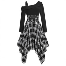 亚马逊欧美女装不规则格子长袖连衣裙复古风批发时尚气质欧美时尚