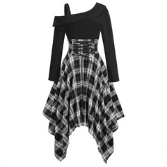 アマゾンヨーロッパとアメリカの服不規則なチェック柄長袖ドレスレトロスタイル卸売ファッション気質ヨーロッパとアメリカのファッション