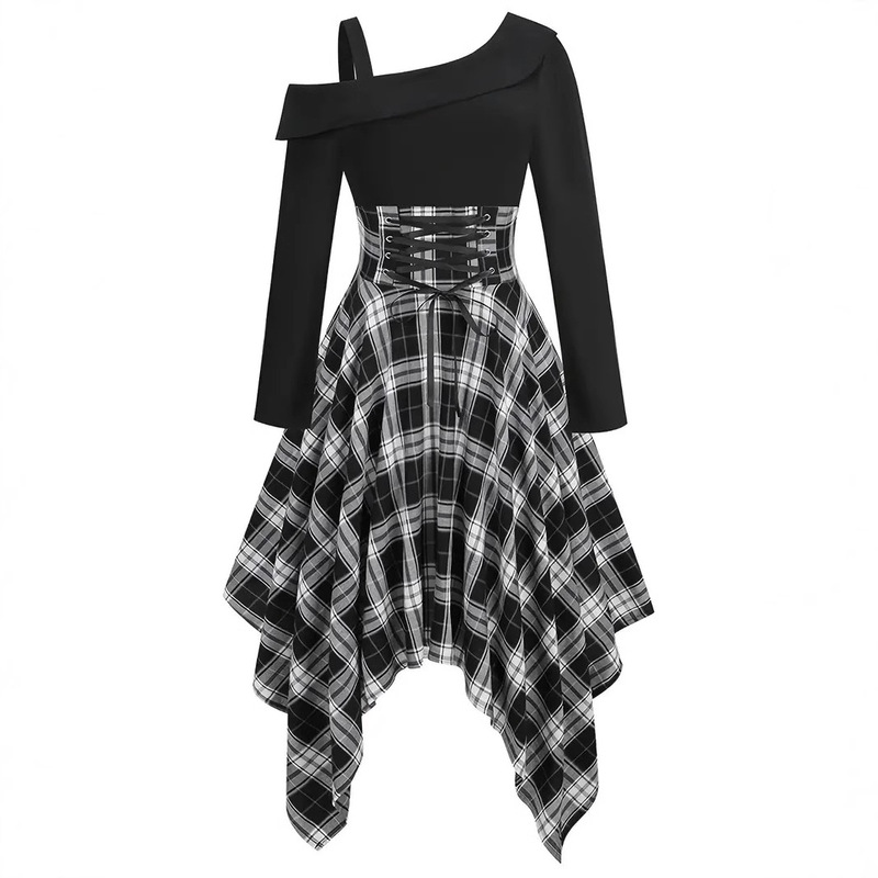 Amazon European and American Women's Clothing Irregular Plaid Long-Sleeve Dress Vintage Style Wholesale Fashion Elegant European and American Fashion