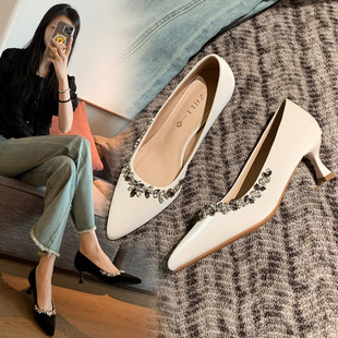 020412-5 French high-heeled shoes with thin heel and low mouth pointed women's shoes dress shoes widened and fattened plus size women's shoes