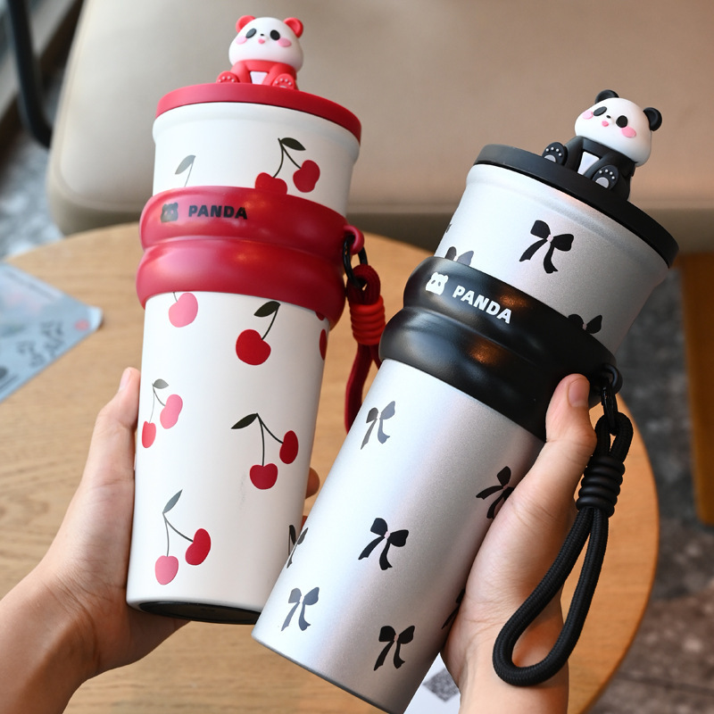 Taza de calor de dibujos animados panda taza de paja de gran capacidad taza de agua de acero inoxidable taza de café de alta calidad taza de estudiante portátil