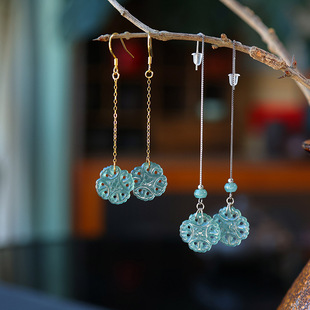 Natural Blue Water Jade A Vintage Hollow Earrings with 925 Tremella Line Elegant Fresh Earrings
