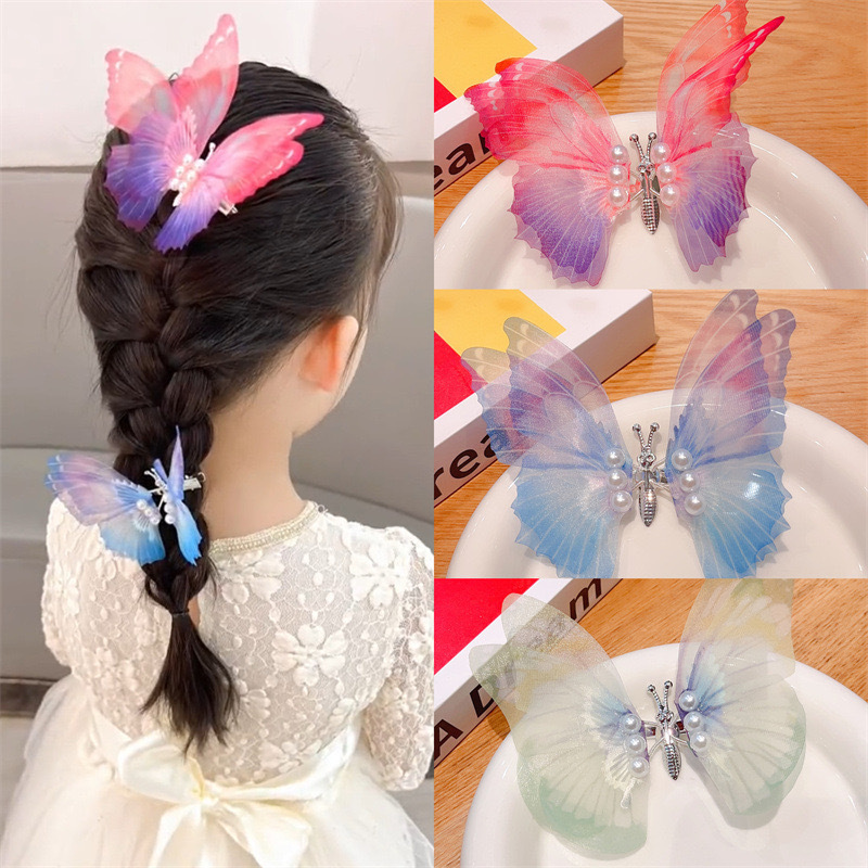 Gradient Color Moving Butterfly Hairpin Children's Duckbill Clip Fabric Simulation Three-dimensional Pearl Butterfly Hairpin Antique Hair Accessories