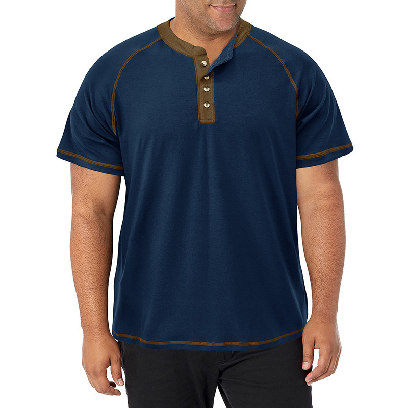 European and American men's tall short-sleeved heavyweight Henry shirt cross-border plus size men's round neck T-shirt outdoor basic European and American men's tall short-sleeved heavyweight Henry shirt cross-border plus size men's round neck T-shirt outdoor basic