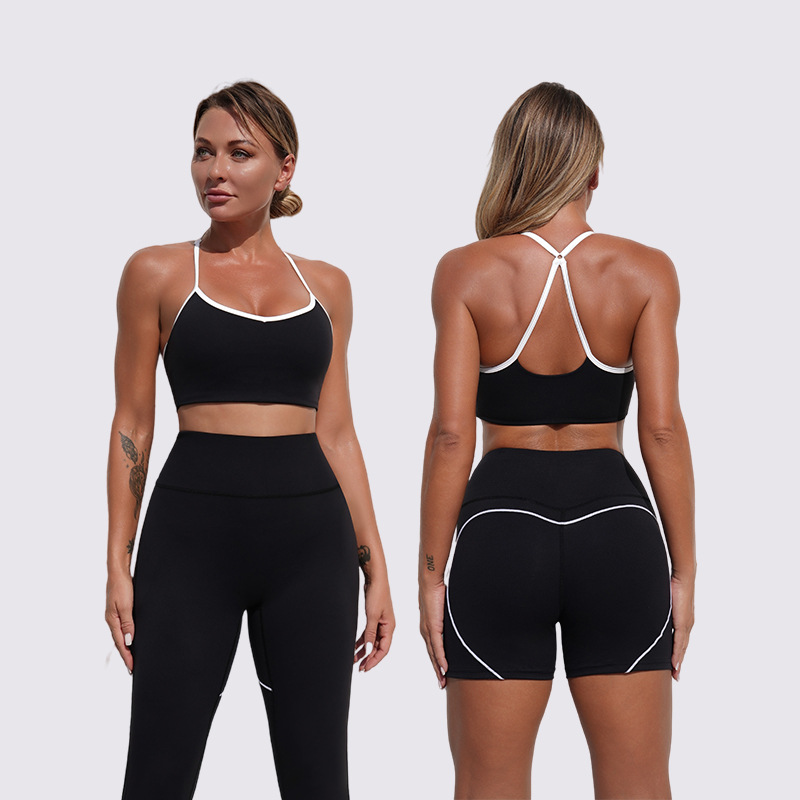 Europa y los Estados Unidos transfronterizos sensación desnuda hermosa espalda deportiva de color contrapeso bra de cinturón de miel de alta elasticidad de cadera seco conjunto de brazalete